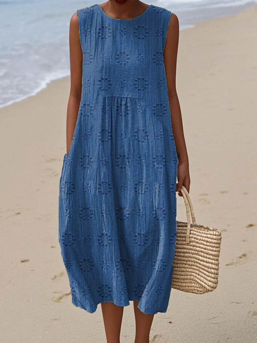 Sleeveless Midi Dress Women | Textured Embroidered Dot & Pocket Design
