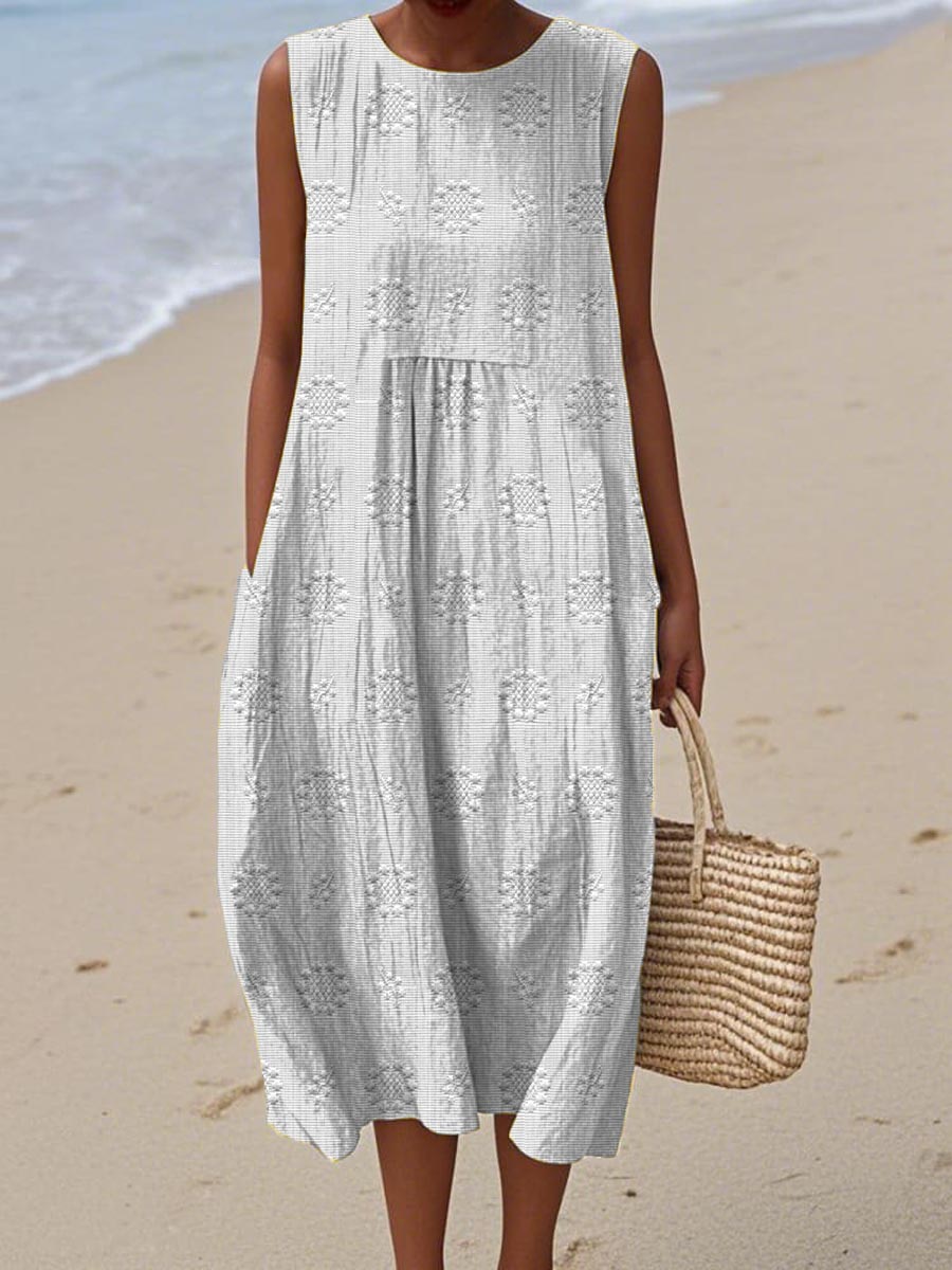 Sleeveless Midi Dress Women | Textured Embroidered Dot & Pocket Design