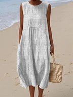 Sleeveless Midi Dress Women | Textured Embroidered Dot & Pocket Design