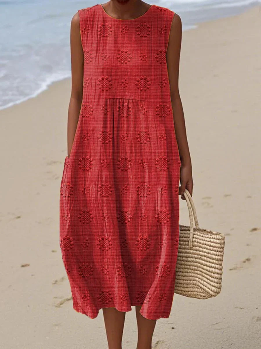 Sleeveless Midi Dress Women | Textured Embroidered Dot & Pocket Design