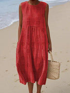 Sleeveless Midi Dress Women | Textured Embroidered Dot & Pocket Design