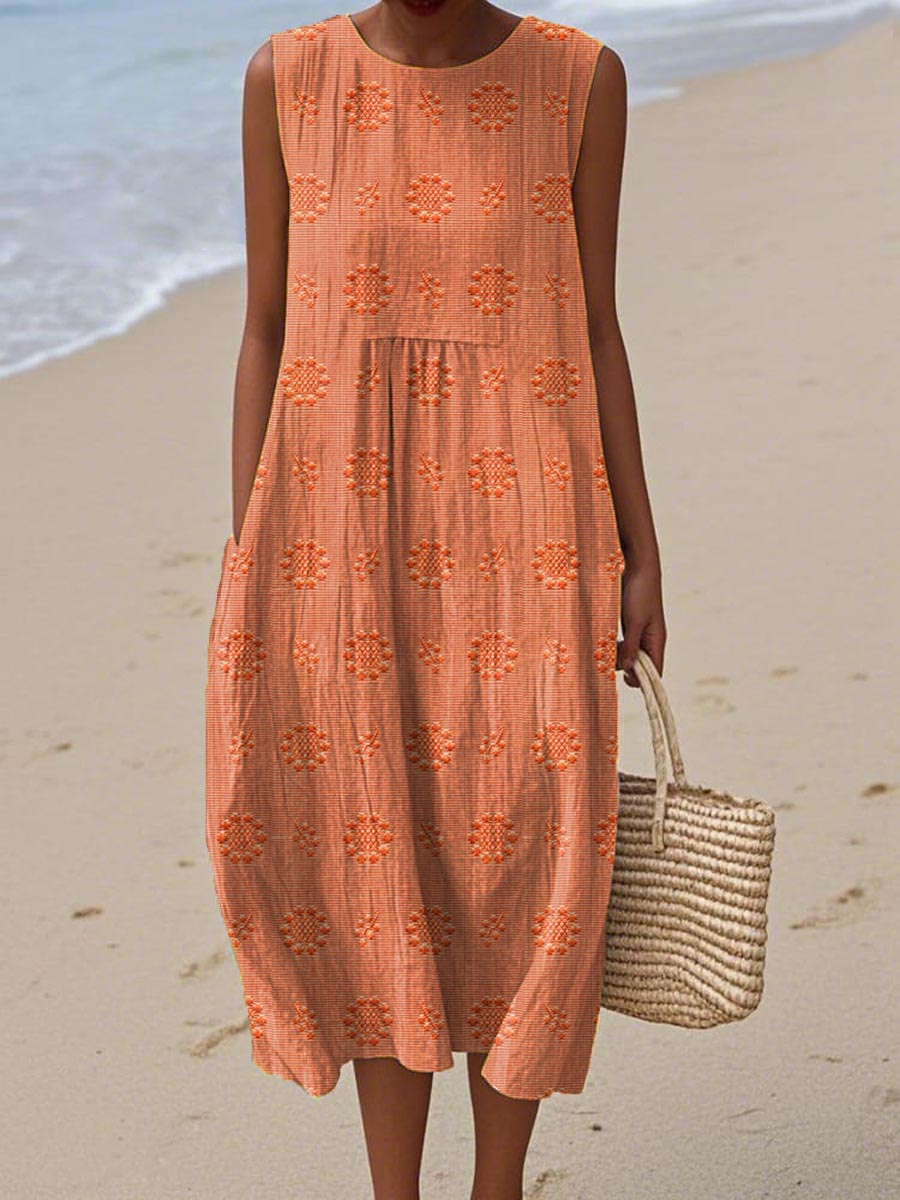 Sleeveless Midi Dress Women | Textured Embroidered Dot & Pocket Design