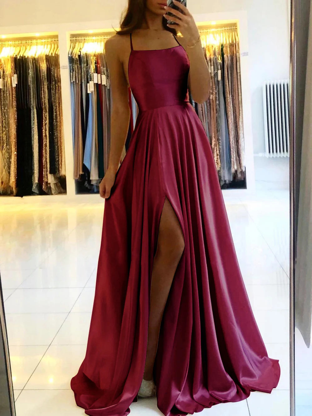 Spaghetti Straps Backless Front Split Long Wedding Guest Dress 0