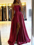 Spaghetti Straps Backless Front Split Long Wedding Guest Dress 0