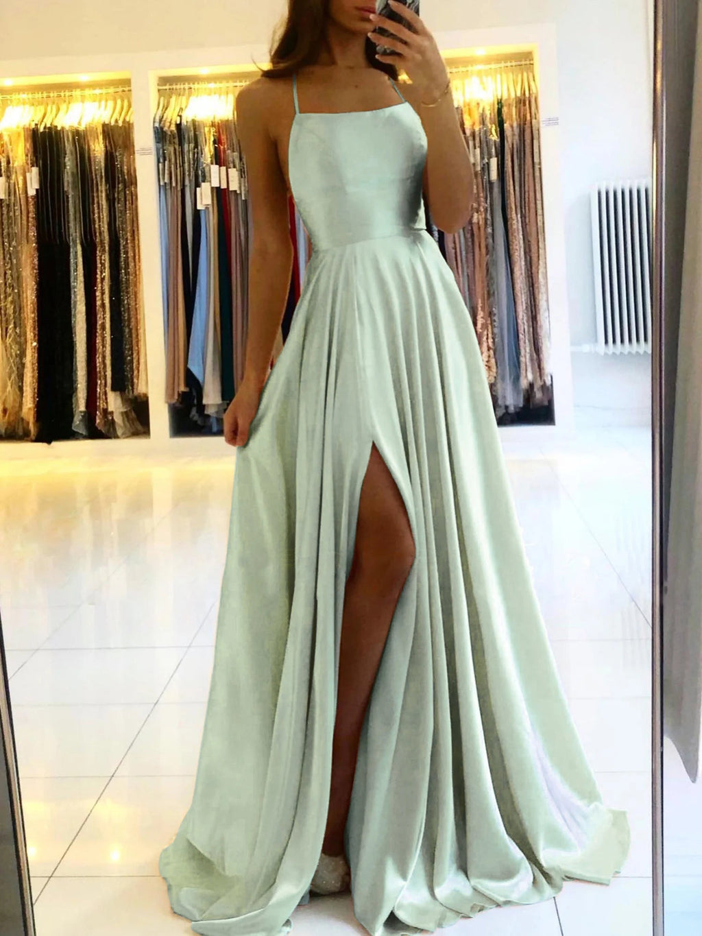 Spaghetti Straps Backless Front Split Long Wedding Guest Dress 1