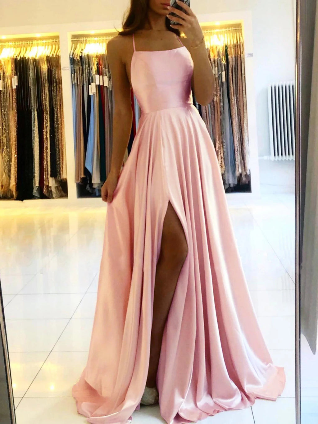 Spaghetti Straps Backless Front Split Long Wedding Guest Dress 2