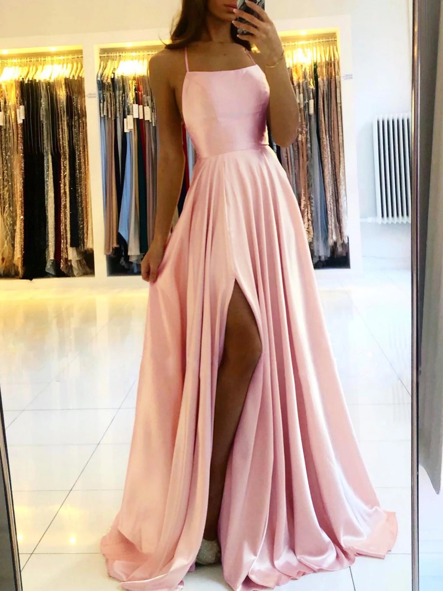 Spaghetti Straps Backless Front Split Long Wedding Guest Dress 2