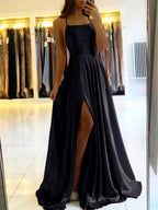 Spaghetti Straps Backless Front Split Long Wedding Guest Dress 3