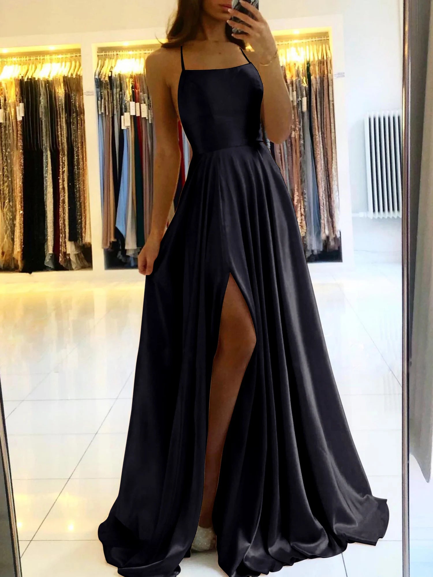 Spaghetti Straps Backless Front Split Long Wedding Guest Dress 3
