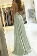 Spaghetti Straps Backless Front Split Long Wedding Guest Dress 4
