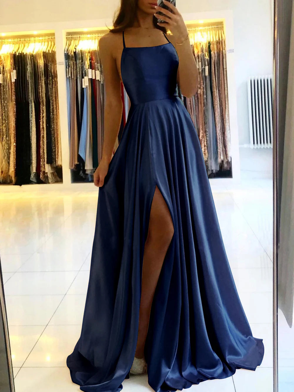 Spaghetti Straps Backless Front Split Long Wedding Guest Dress 5