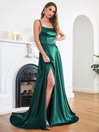 Spaghetti Straps Backless Front Split Long Wedding Guest Dress 9