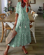 Summer Dress Women | Boho Print V-Neck & Lantern Sleeve Maxi Style