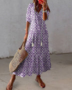 Summer Dress Women | Boho Print V-Neck & Lantern Sleeve Maxi Style