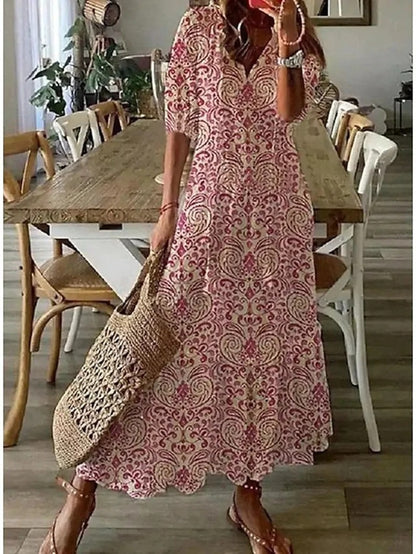 Summer Dress Women | Boho Print V-Neck & Lantern Sleeve Maxi Style