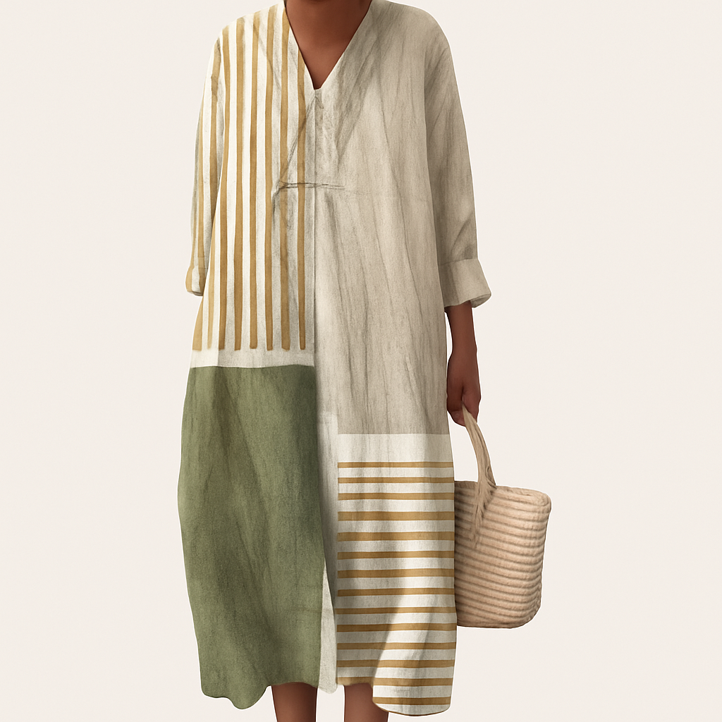 Summer Dress Women | Colour Block Stripe Print & V-Neck Midi Design