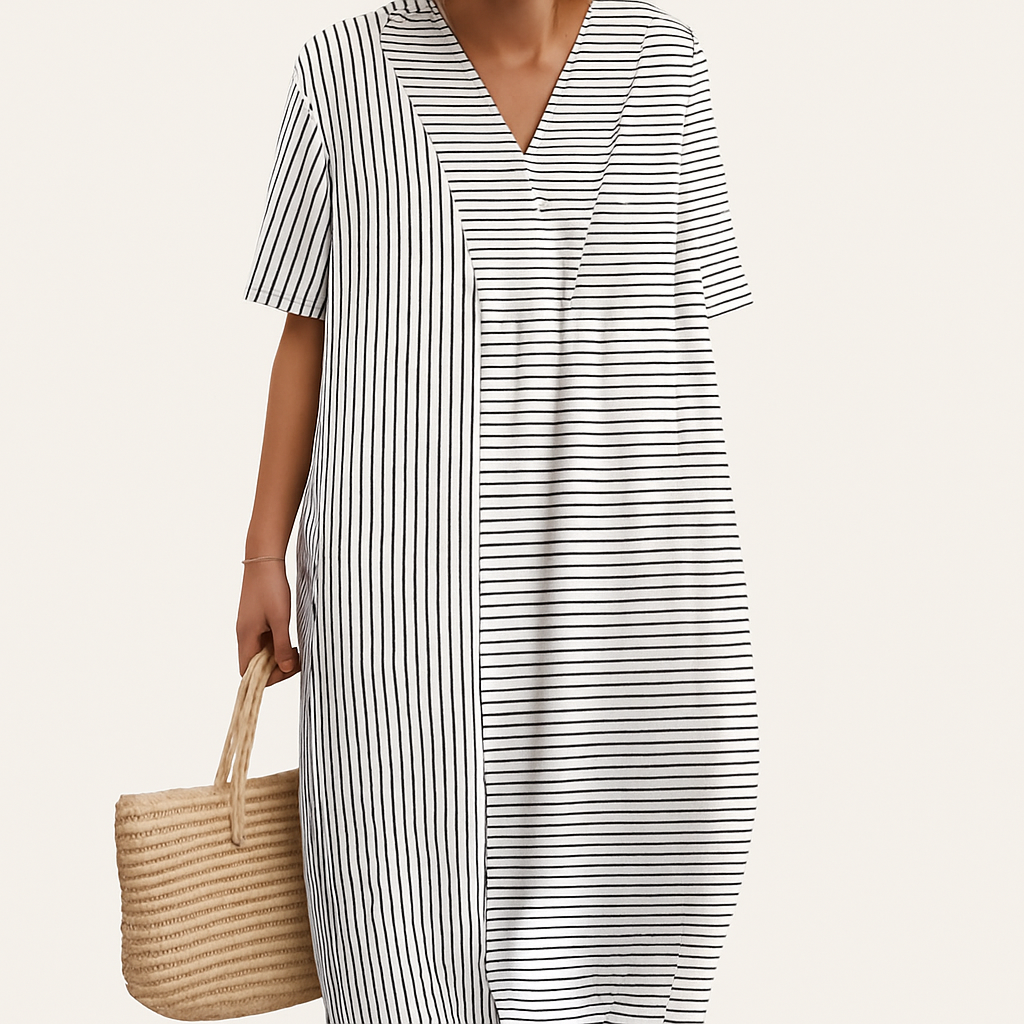 Summer Dress Women | Colour Block Stripe Print & V-Neck Midi Design