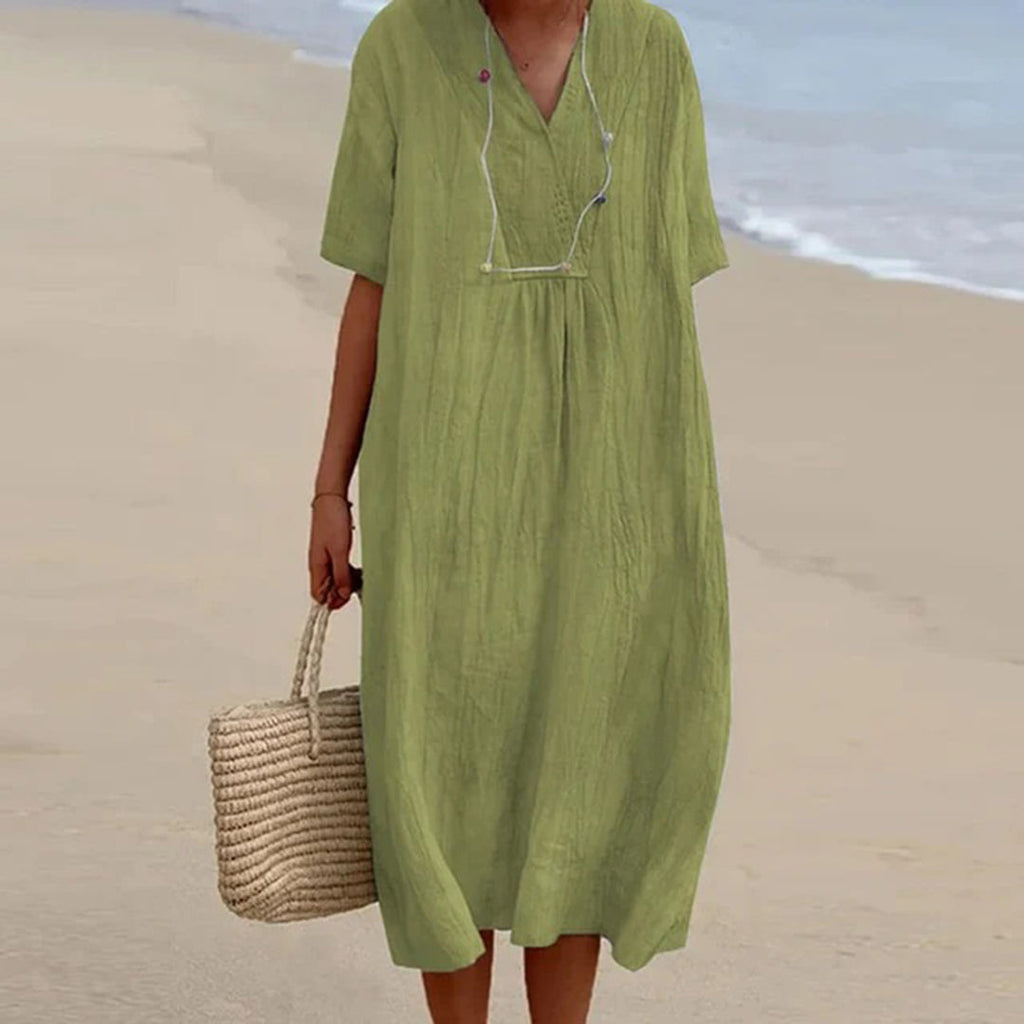 Summer Dress Women | Draped V-Neck & Relaxed Midi Style for Every Occasion