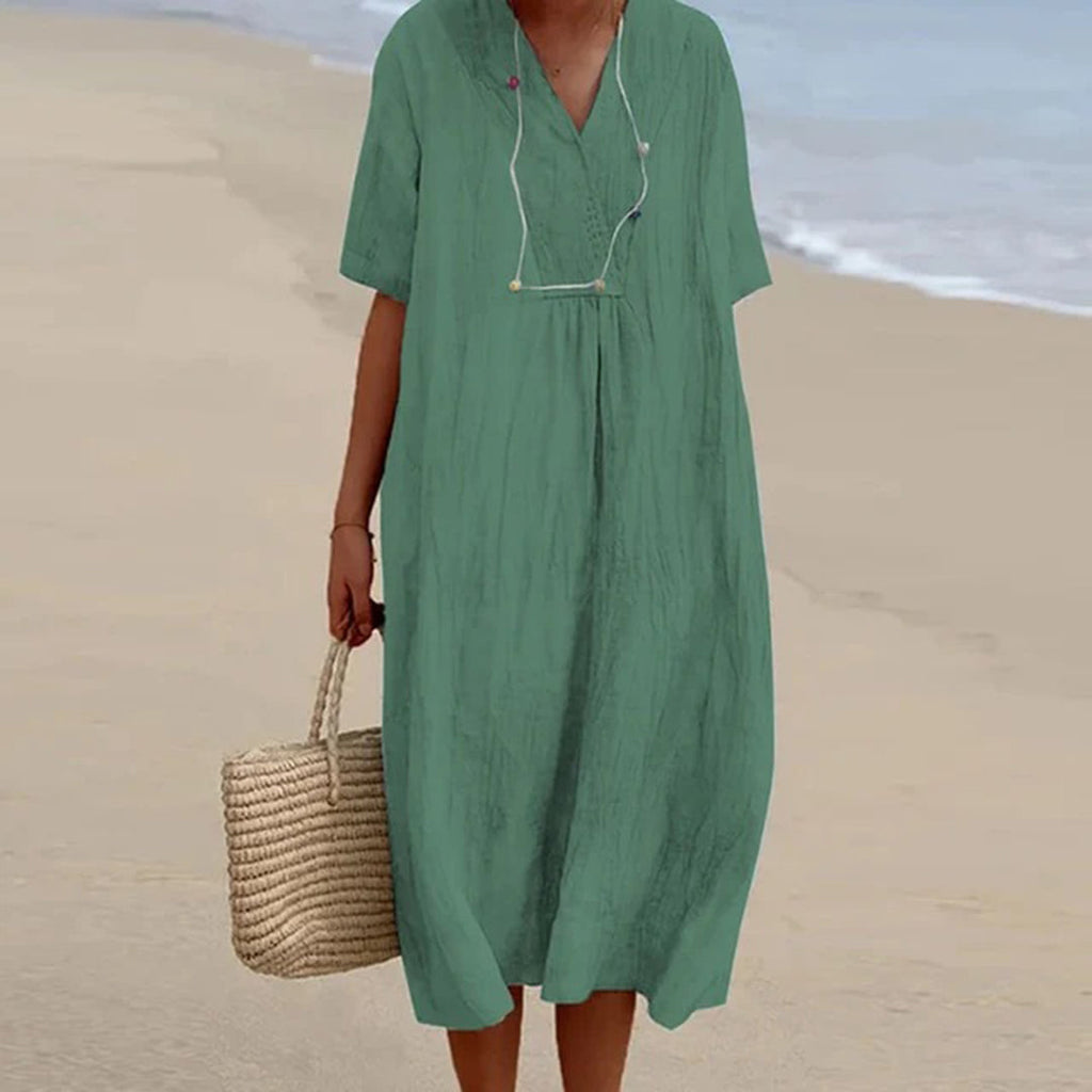 Summer Dress Women | Draped V-Neck & Relaxed Midi Style for Every Occasion