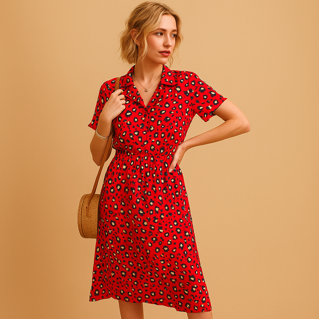Summer Dress Women | Leopard Print Shirt Collar & A-Line Midi Style