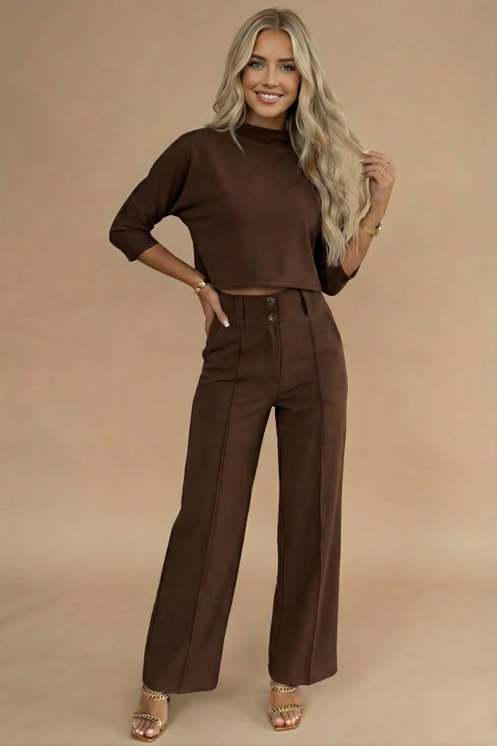 Top and Trousers Set Women | Cropped Mock Neck & Wide-Leg Co Ord