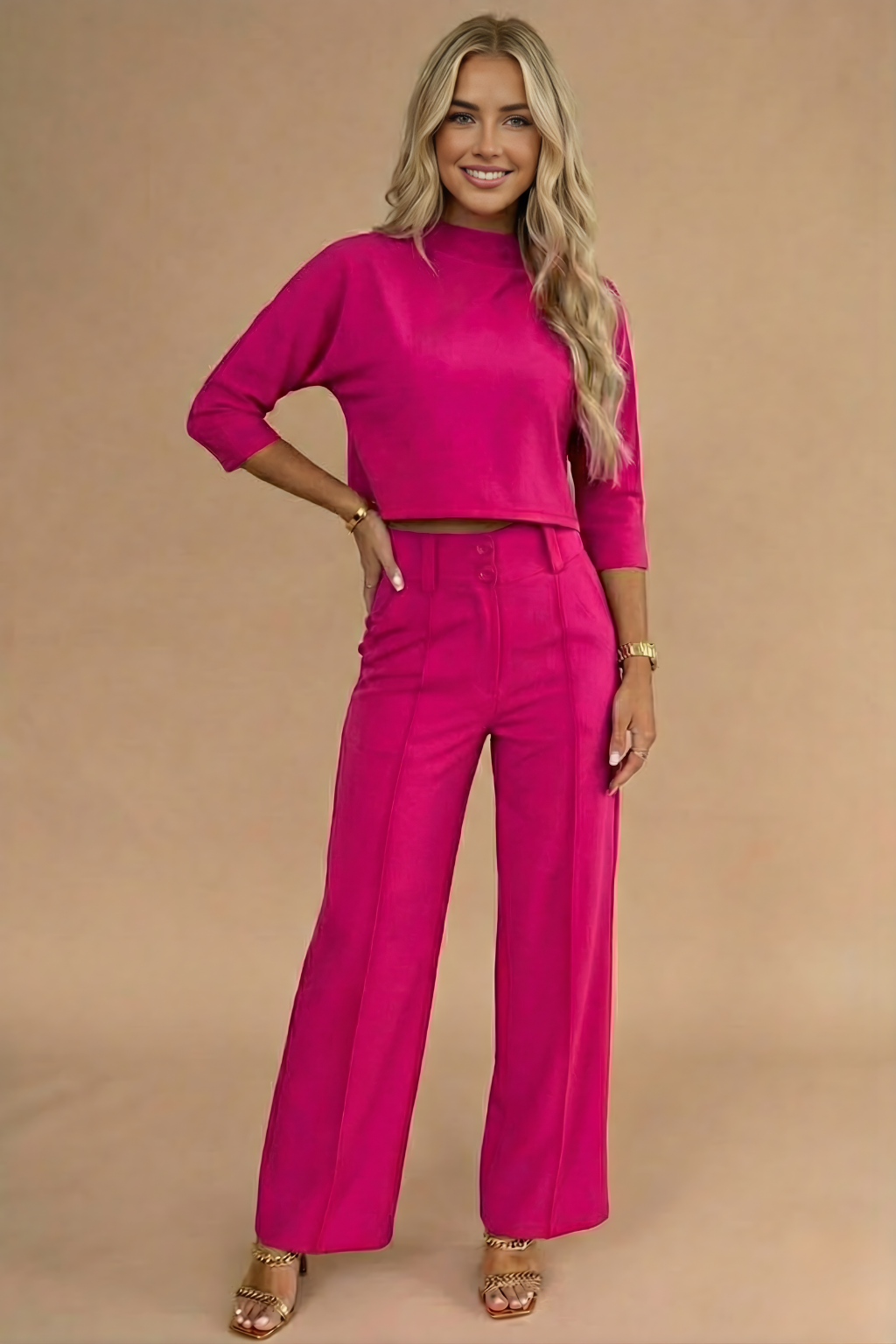 Top and Trousers Set Women | Cropped Mock Neck & Wide-Leg Co Ord