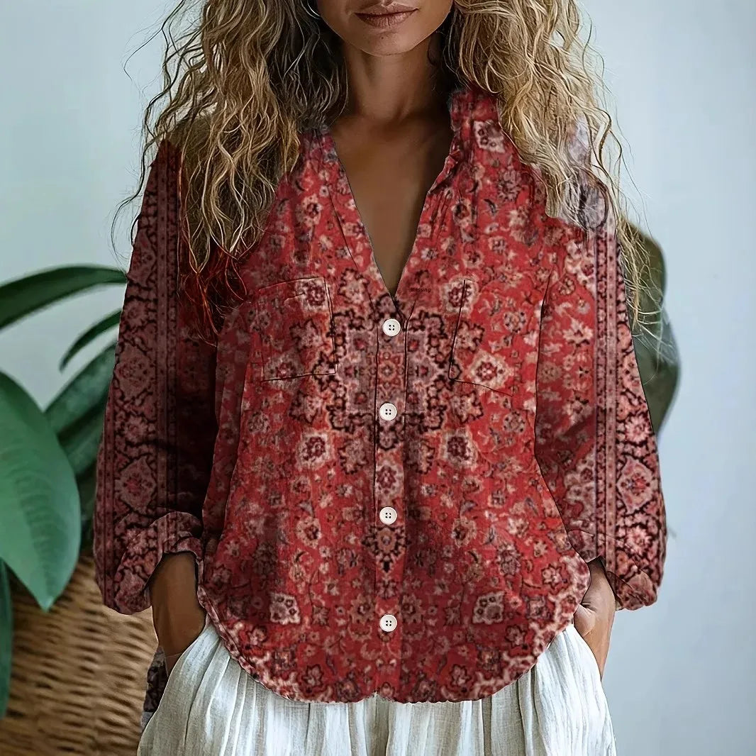V Neck Blouse Women's | Boho Print & Contrast Trim Long Sleeve