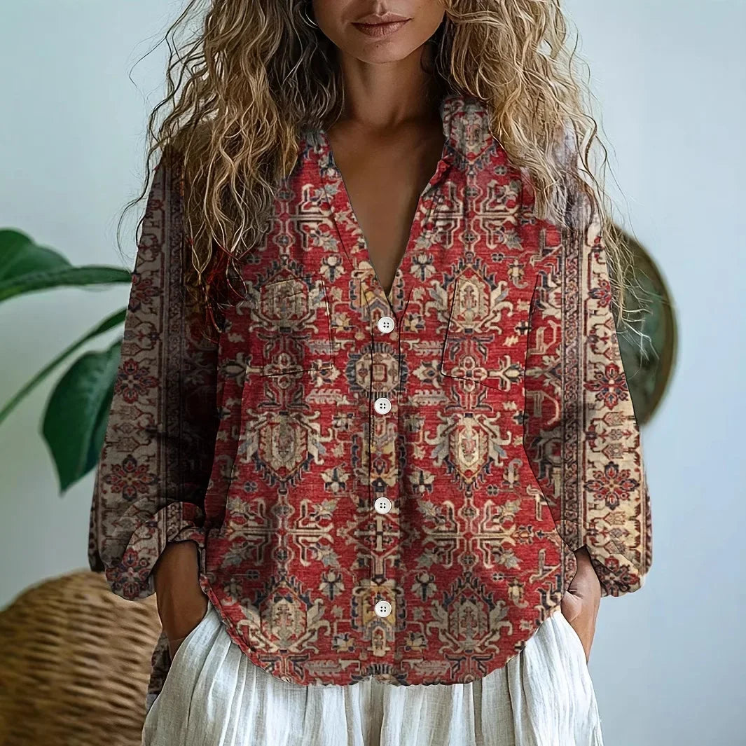V Neck Blouse Women's | Boho Print & Contrast Trim Long Sleeve