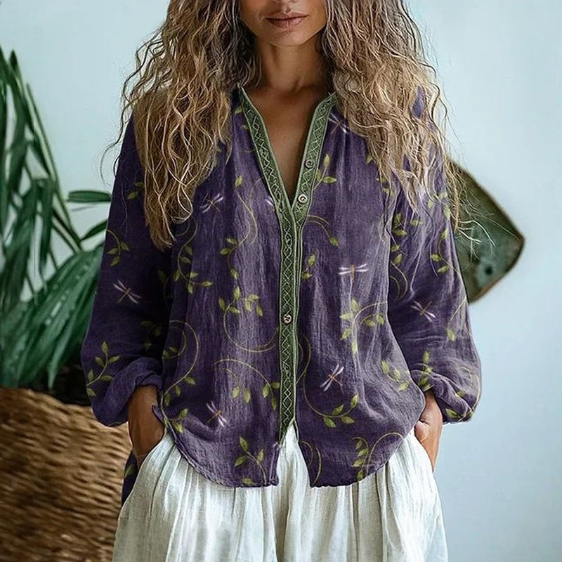 V Neck Blouse Women's | Boho Print & Contrast Trim Long Sleeve