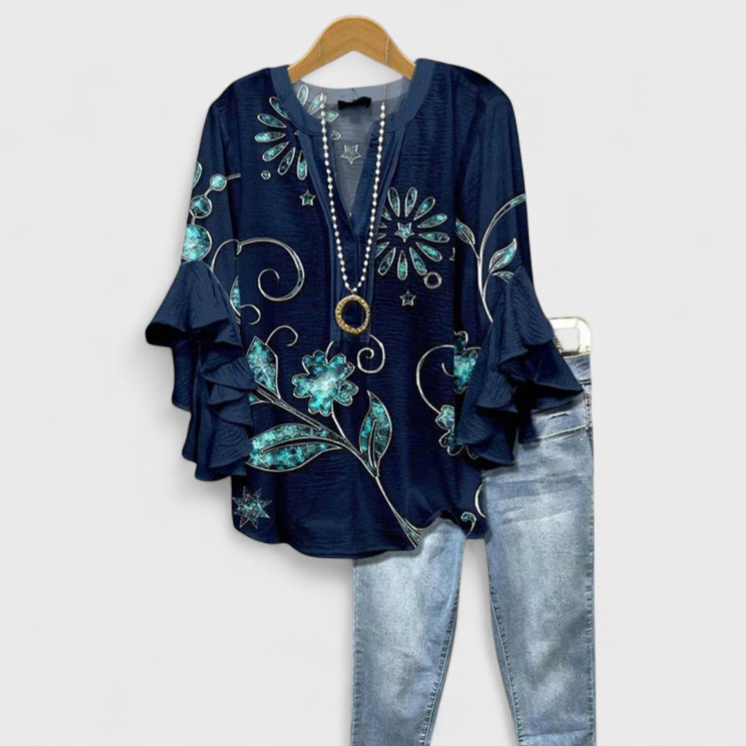 V Neck Blouse Women's | Floral Print & Tiered Ruffle Sleeve
