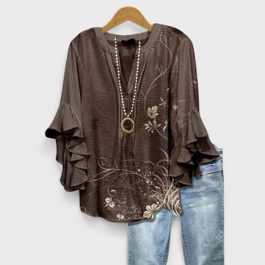 V Neck Blouse Women's | Floral Print & Tiered Ruffle Sleeve