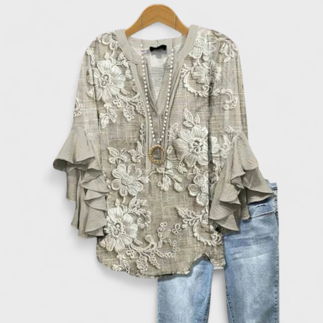 V Neck Blouse Women's | Floral Print & Tiered Ruffle Sleeve