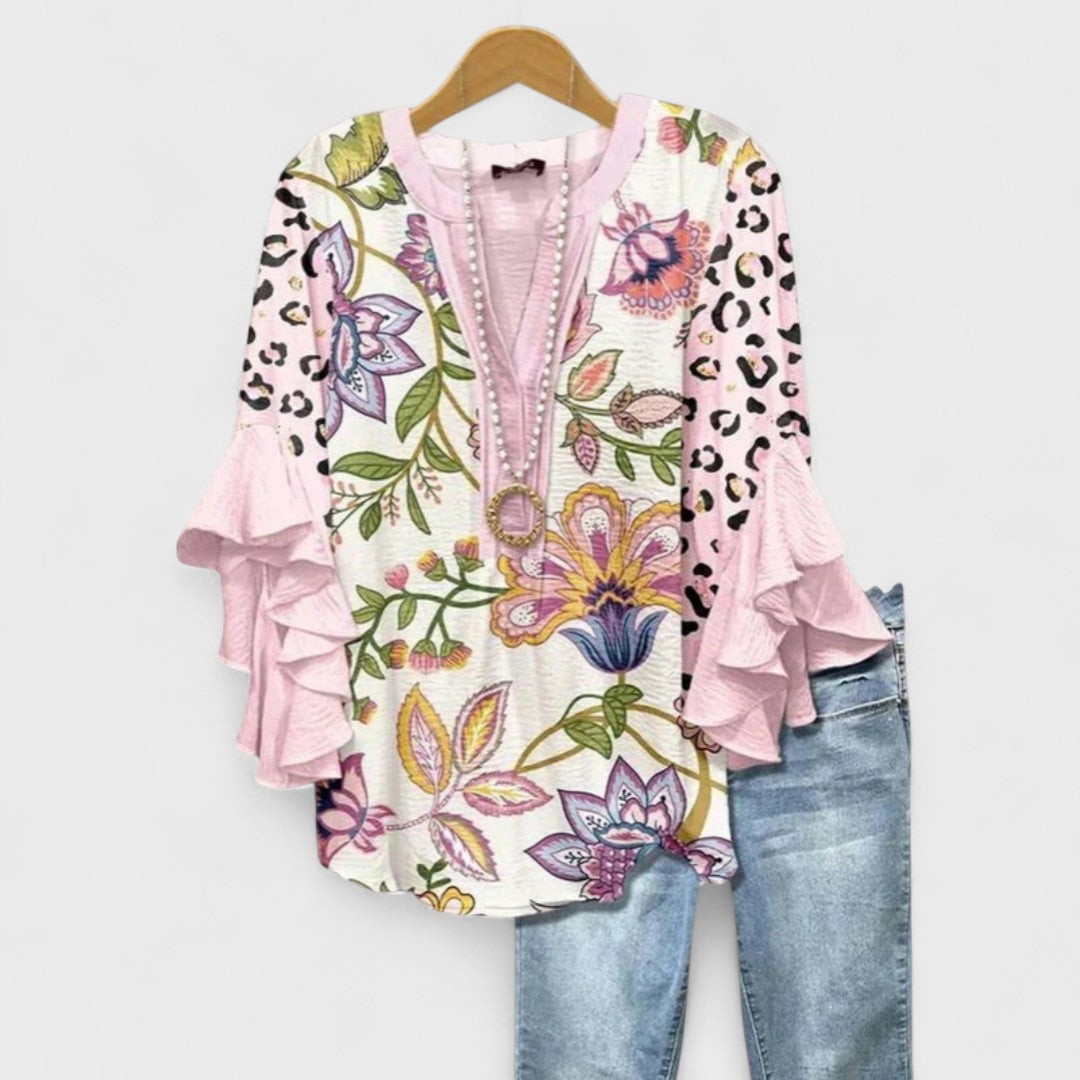 V Neck Blouse Women's | Floral Print & Tiered Ruffle Sleeve