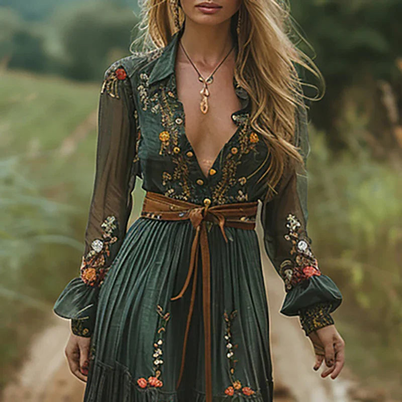 V Neck Maxi Dress Women's | Bohemian Floral Embroidered