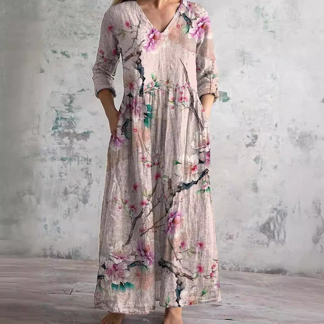 V Neck Maxi Dress Women's | Vintage Floral Print