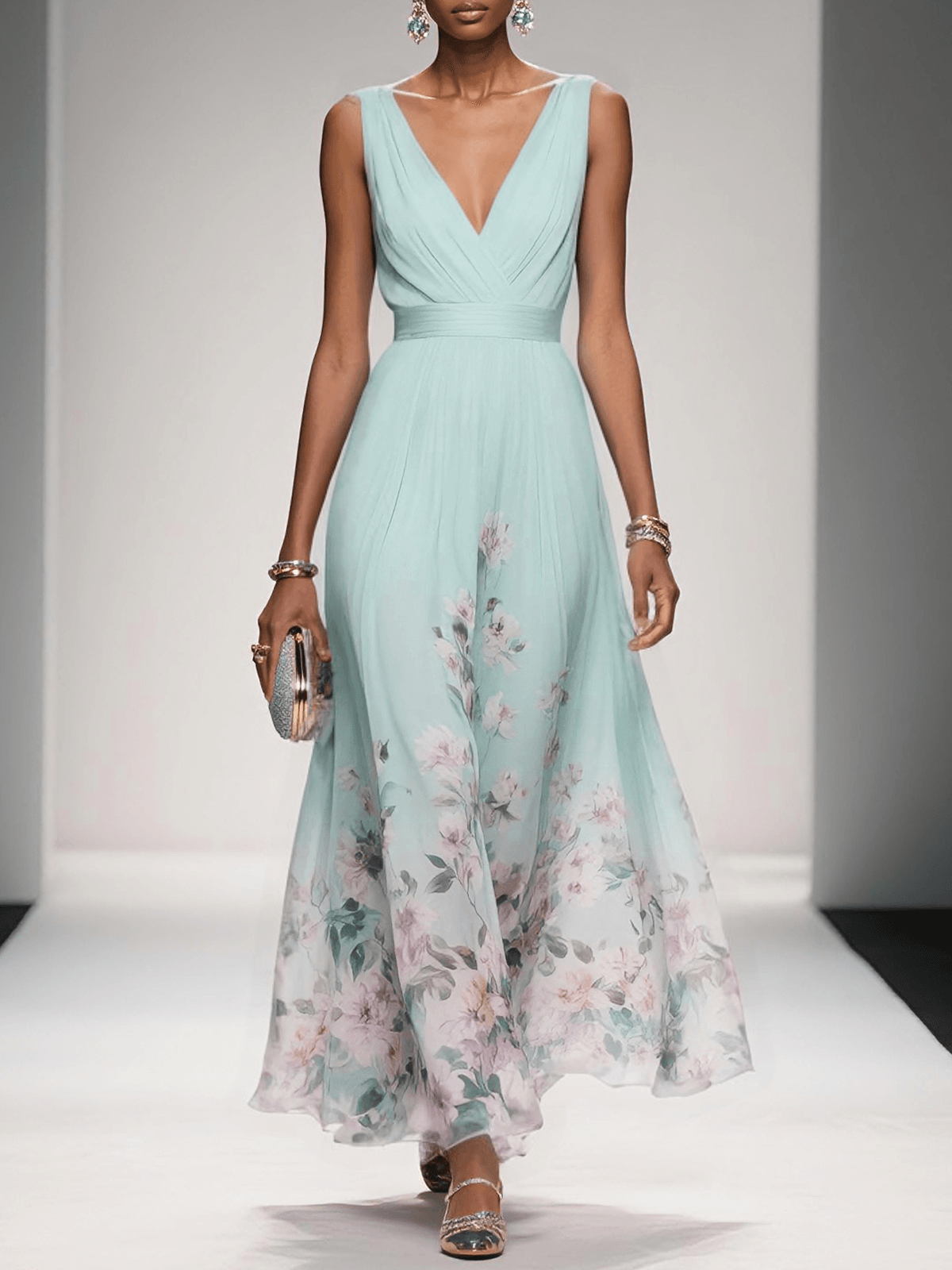 Wedding Guest Dress Women | Floral Border Print & Elegant Flowing Design