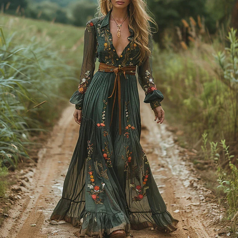 Women's Bohemian Dress | Embroidered V Neck Maxi 0