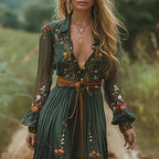 Women's Bohemian Dress | Embroidered V Neck Maxi 1
