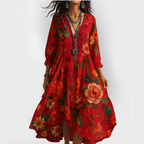 Women's Boho Dress | Floral Midi Dress V-Neck 3/4 Sleeve 1