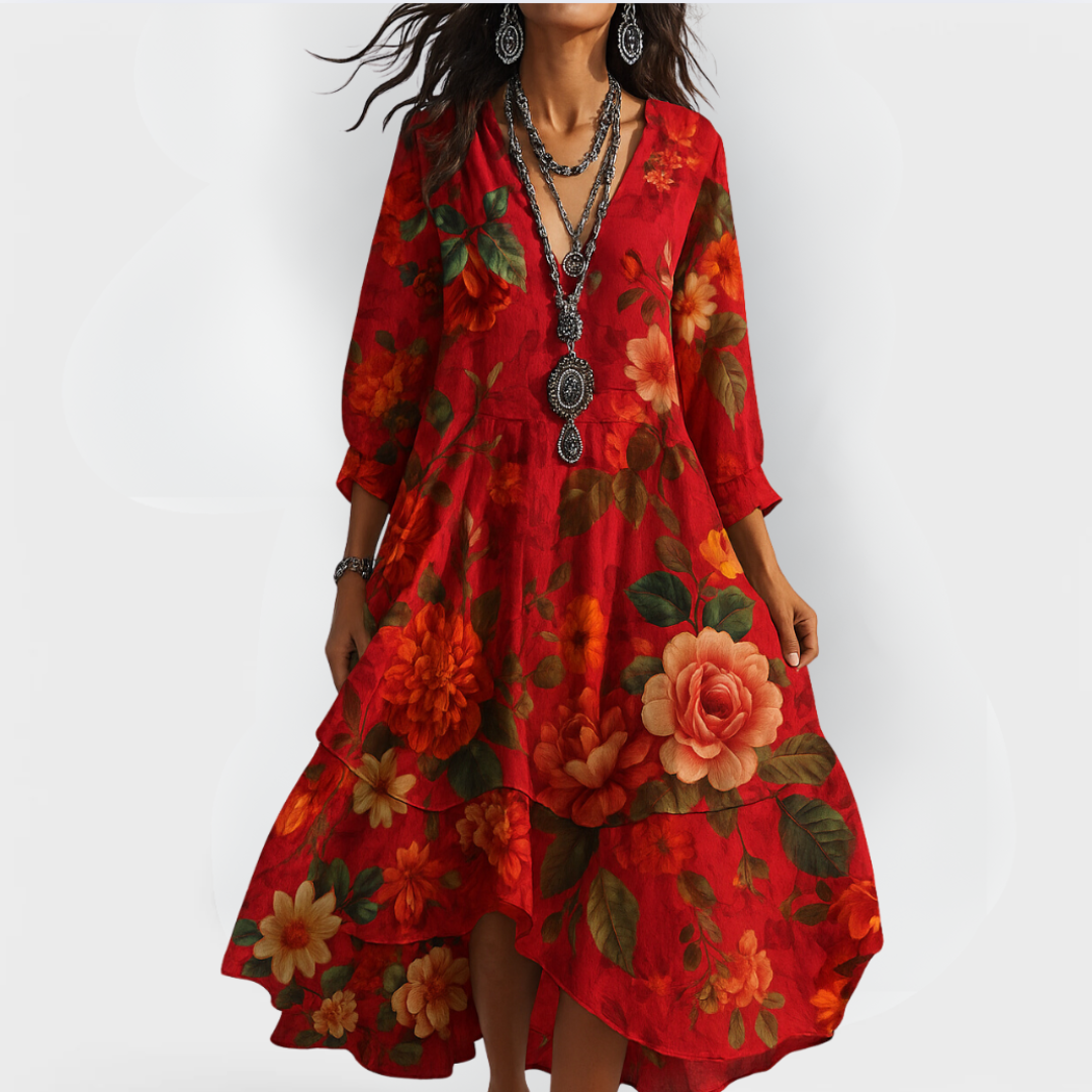 Women's Boho Dress | Floral Midi Dress V-Neck 3/4 Sleeve 1