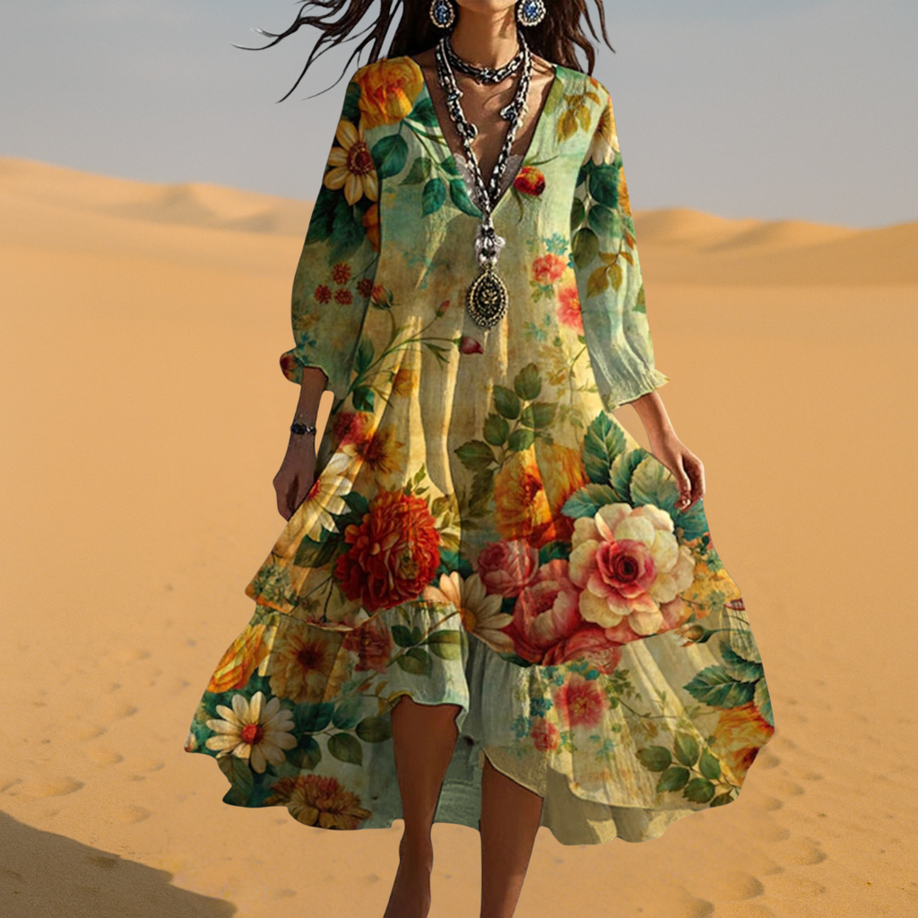 Women's Boho Dress | Floral Midi Dress V-Neck 3/4 Sleeve 2