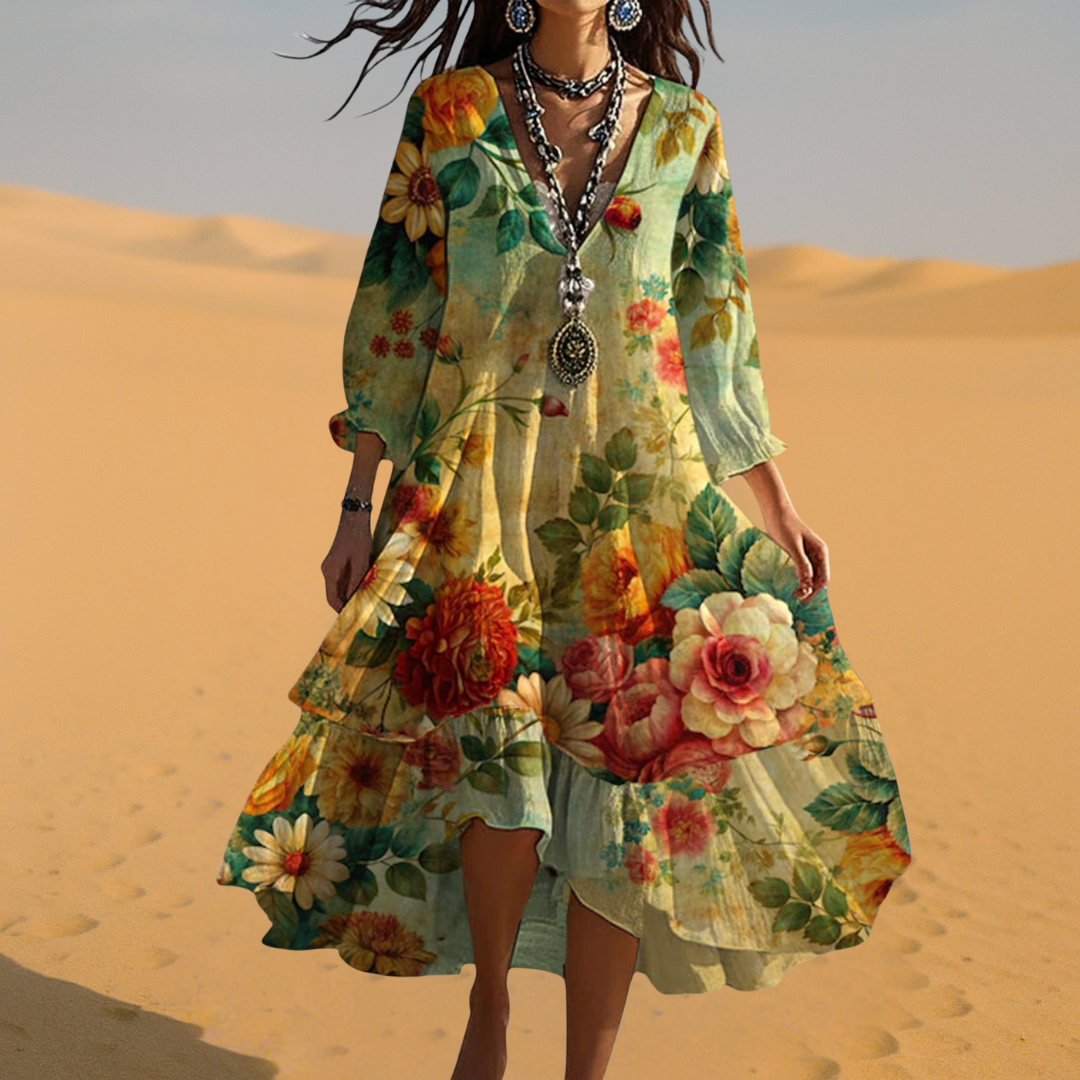Women's Boho Dress | Floral Midi Dress V-Neck 3/4 Sleeve 2