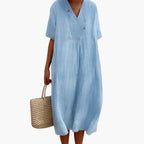 Women's Midi Dress with V-Neck and Short Sleeves 0