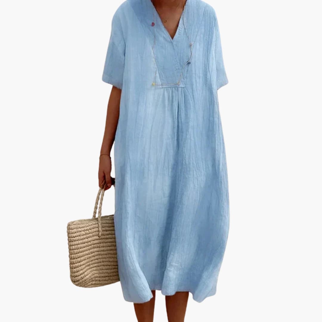Women's Midi Dress with V-Neck and Short Sleeves 0