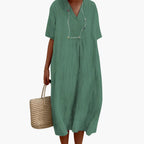 Women's Midi Dress with V-Neck and Short Sleeves 1