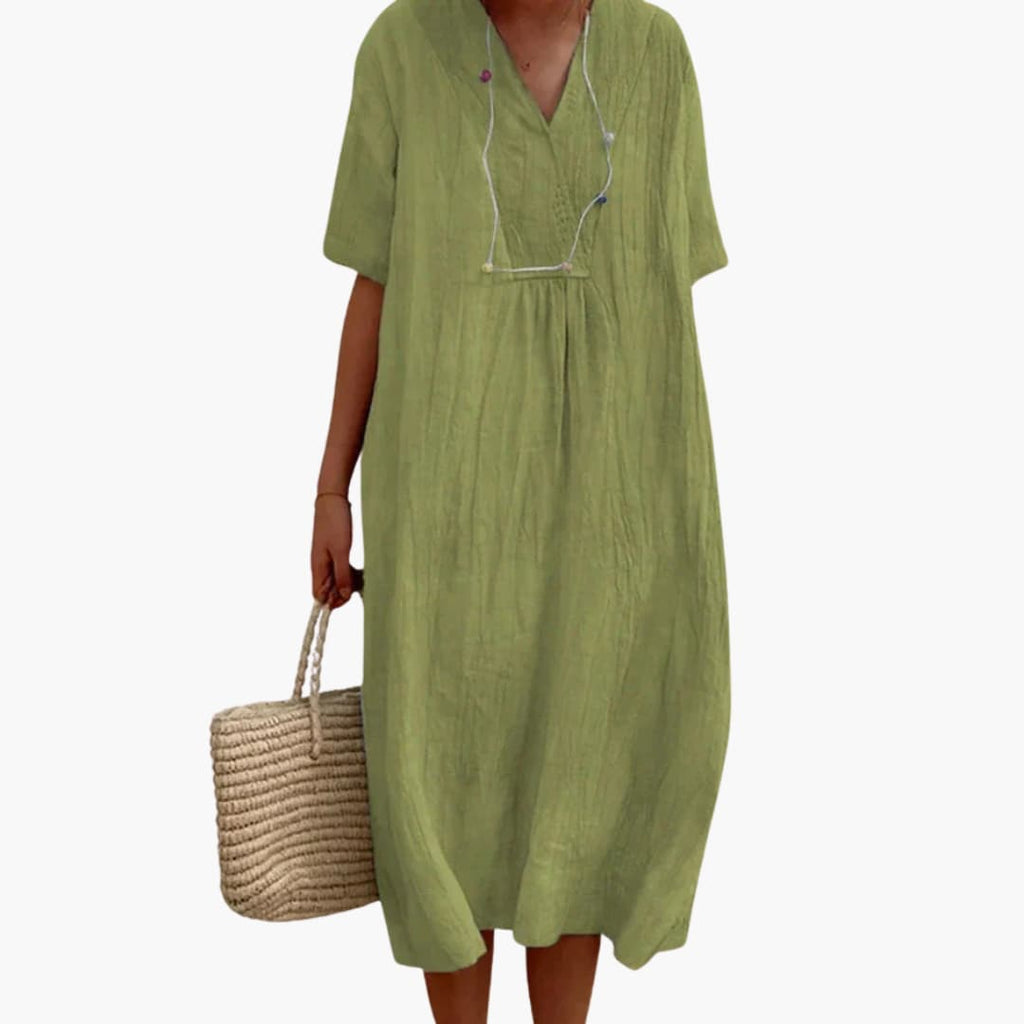 Women's Midi Dress with V-Neck and Short Sleeves 2