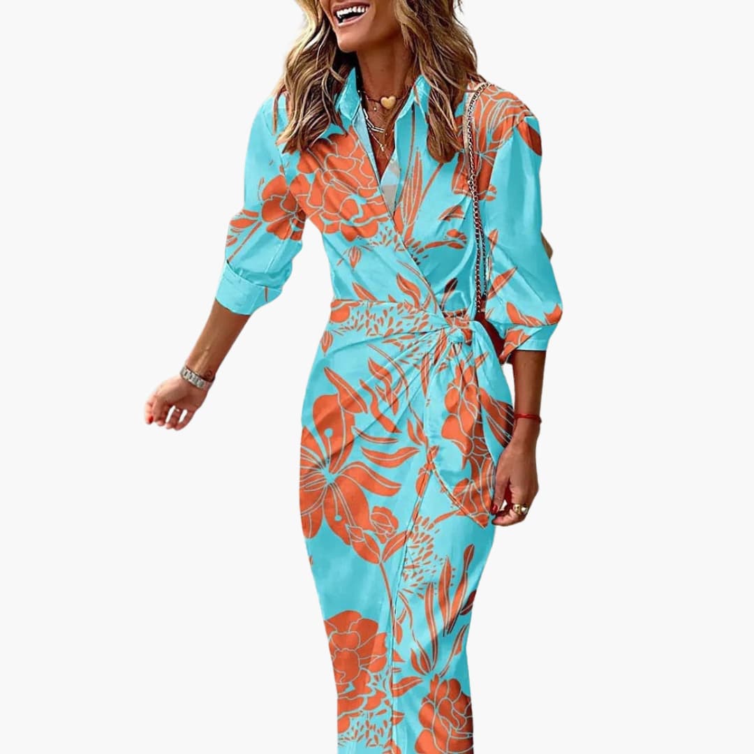 Women’s Midi Shirt Dress with Waist Tie and Wrap Front 2