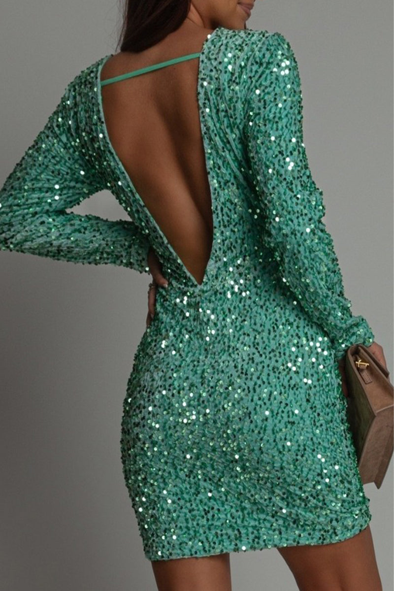 Women's Shimmering Long Sleeve Backless Mini Dress 5