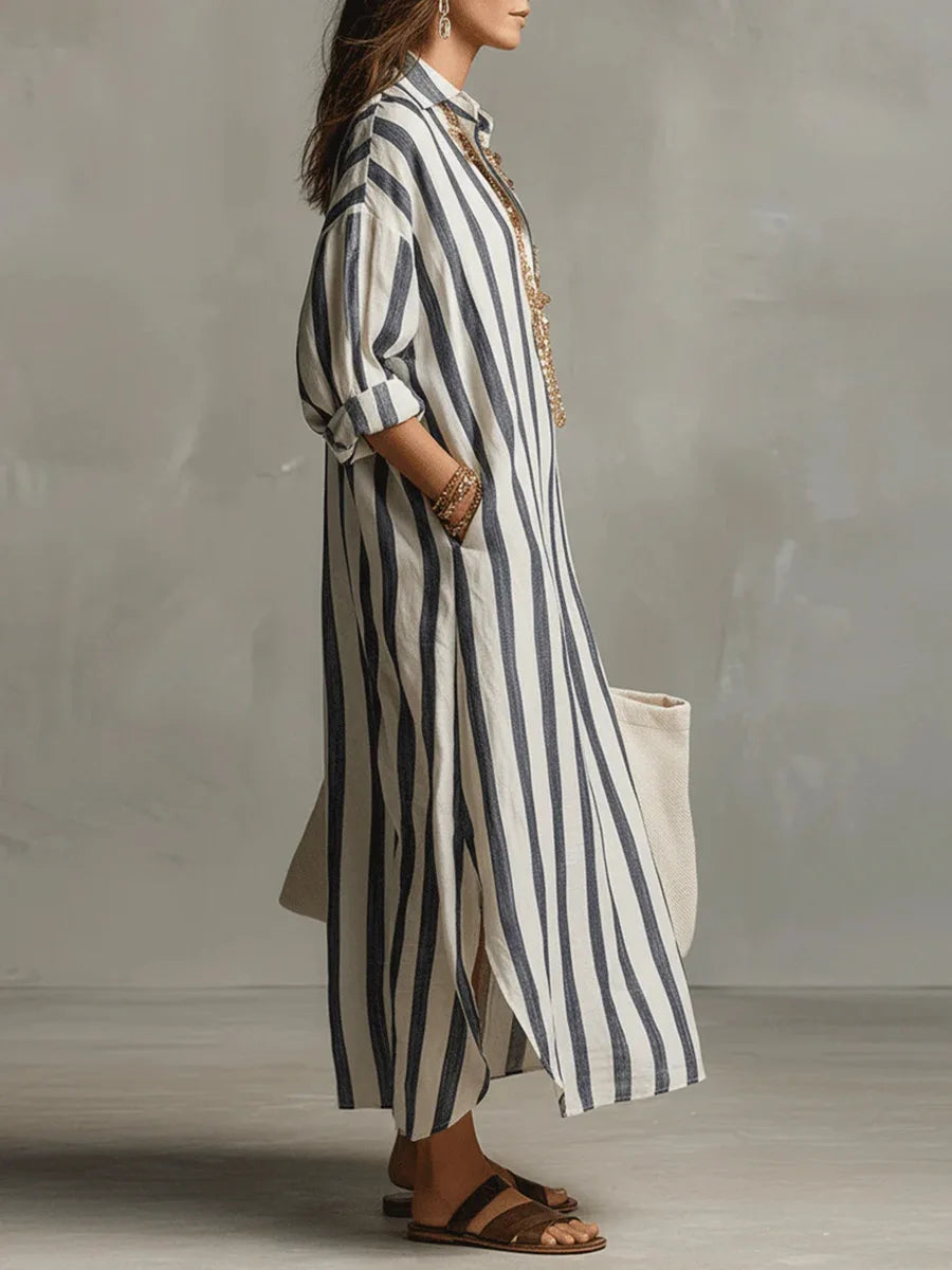 Women's Shirt Dress | Maxi V-Neck Striped 1