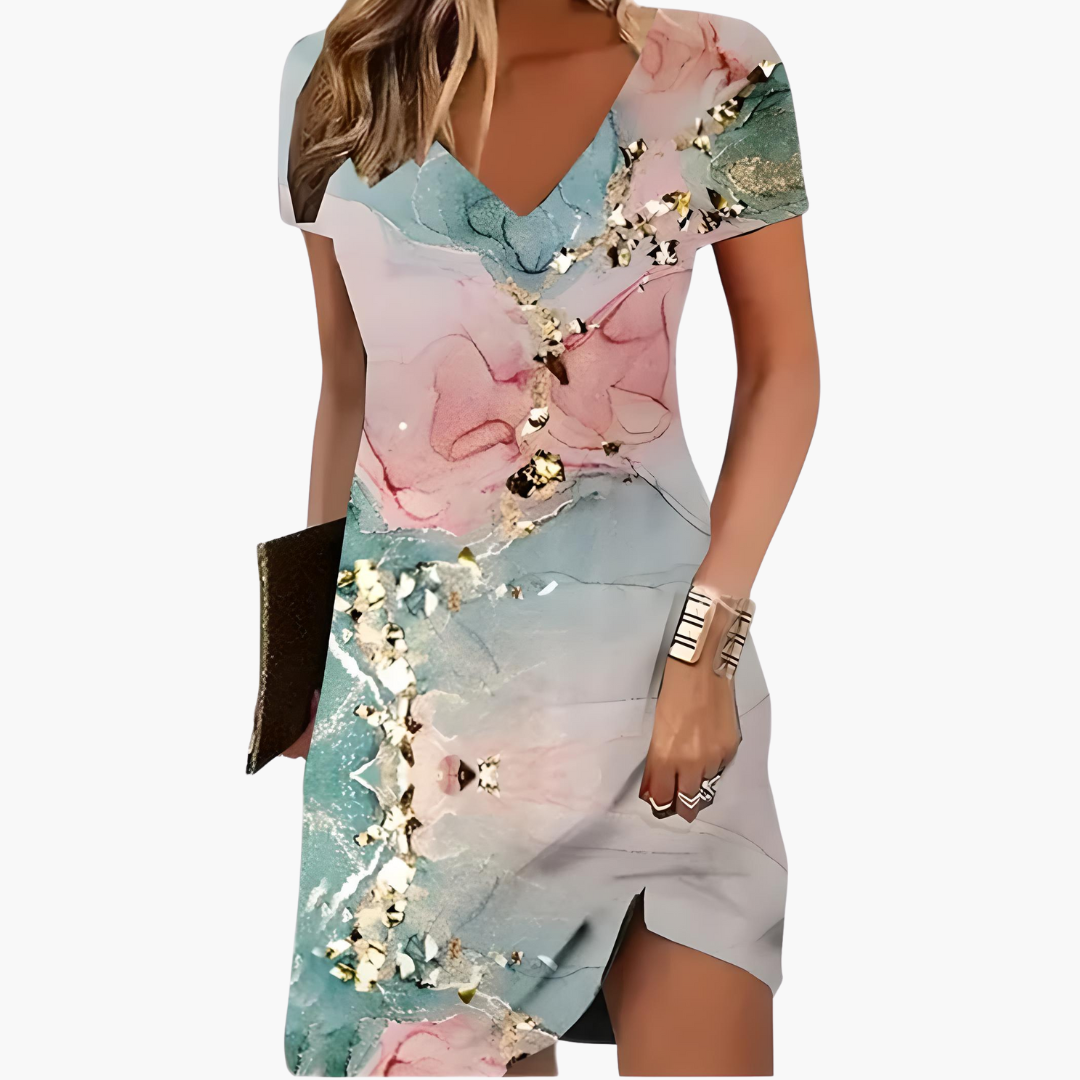 Women’s Short Dress with V Neckline and Asymmetric Hem 2